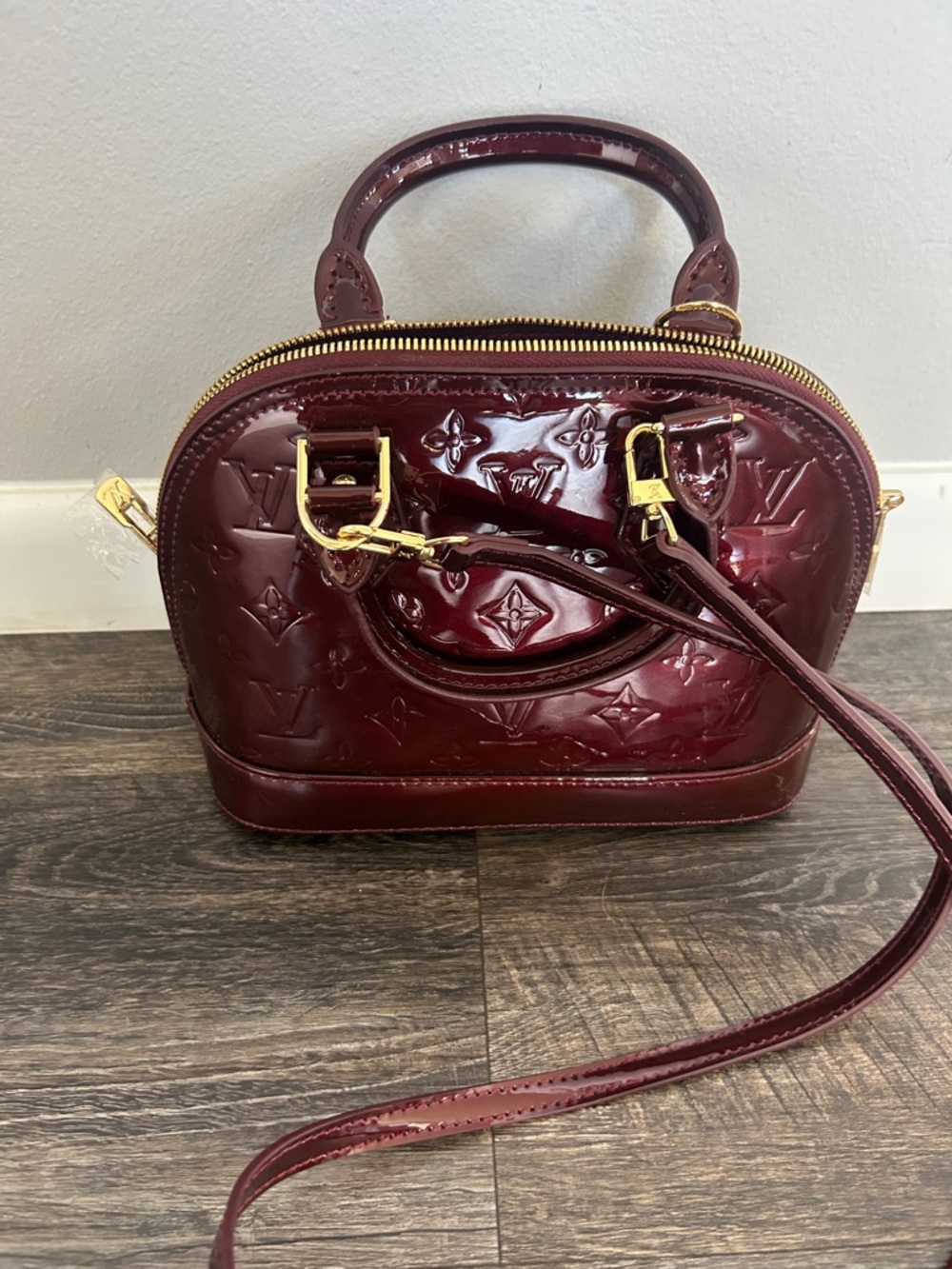 Patent-Effect Dome Satchel in Burgundy Patent - Picture 7 of 9
